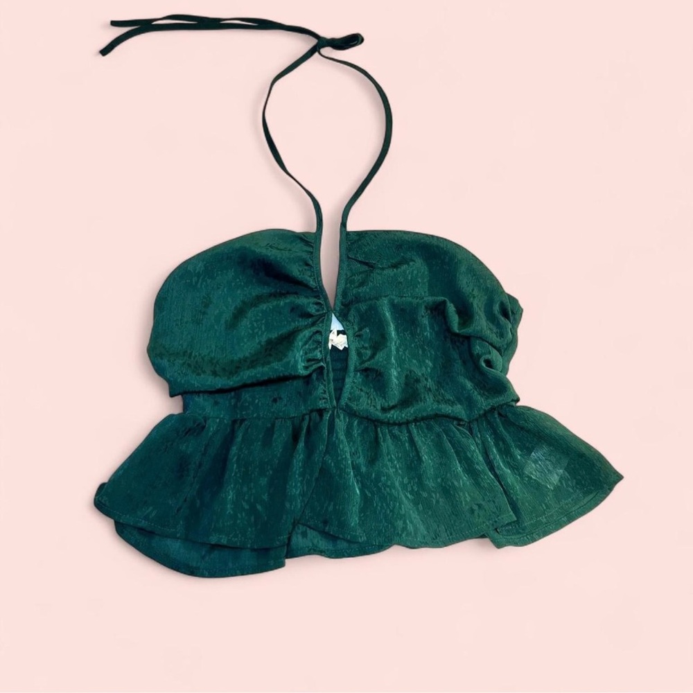 Boho Green Halter Top Open Back with String Tie Around Neck Size M